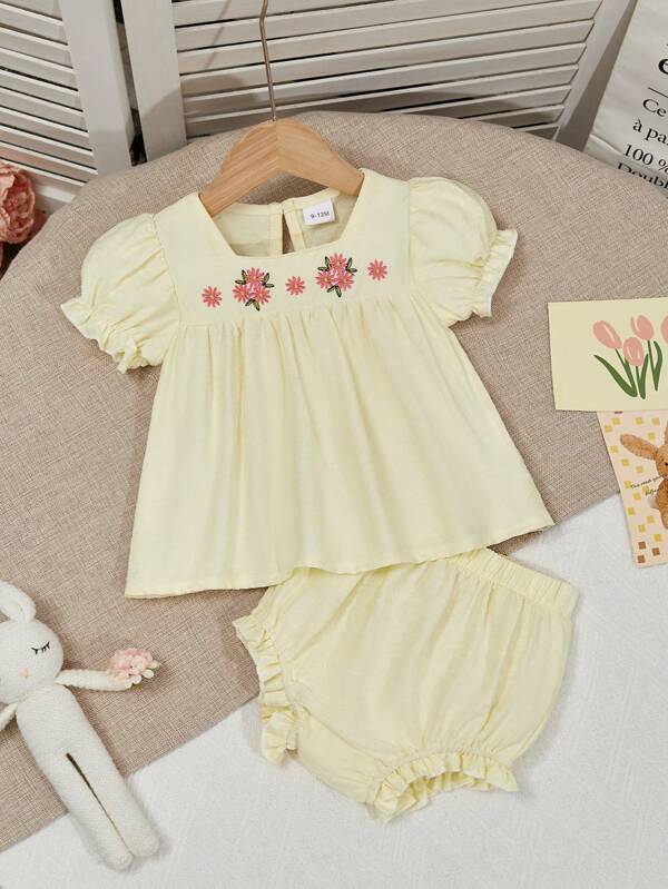 2pcs Baby Girls' Summer Outfit - Soft Beige Crop Top With Floral Embroidery On Collar & Puff Sleeves, Paired With Frill Trim Shorts, Suitable For Home, Beach, Garden, Parties