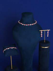 1 Set Of Simple Design Claw Chains, With Rhinestone Tassel Necklace, Earrings, Bracelet Jewelry Set, Suitable For Women's Daily Wear, Weddings, Parties, Etc - Blue - View 4