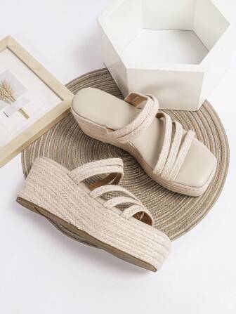 女士米色高跟厚底坡跟凉鞋，波西米亚风格粗跟舒适工作拖鞋，8厘米坡跟编织简约性感