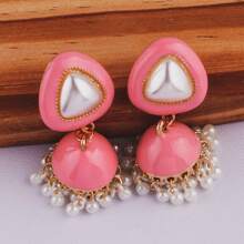1 Pair Of Zinc Alloy Faux Pearl Fashionable Bohemian Earrings, Colored Enamel Retro Three-Dimensional Conical Small Pendant Earrings, Elegant Pearl Earrings And Stud Earrings Suitable For Daily Banquets, Beaches And Vacations