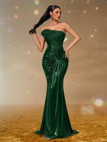 Smilprince Váy đuôi cá xanh thanh lịch không quai với thân áo xếp nếp và đuôi dài chấm đất, váy dạ hội trang trọng cho phụ nữ, váy dạ hội quyến rũ cho phụ nữ, trang phục dự tiệc cưới, váy dài trang trọng, váy sang trọng - Màu xanh lá cây đậm - Xem 7