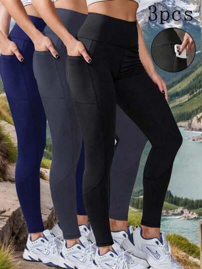 Conjunto de 3 piezas de pantalones deportivos y de ocio para mujer con bolsillos, cintura elástica alta y que levantan las caderas, mallas para correr al aire libre y fitness, mallas cómodas y versátiles para uso diario y commuting