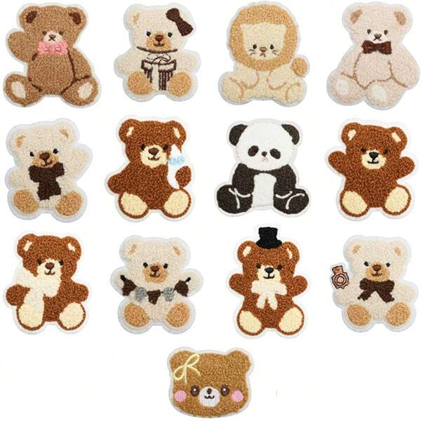 13pcs Curly Bear Embroidered Cloth Patches, Teddy Bear Decor Patches For Bags, Towels, And Iron-On Appliques