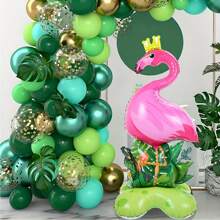 kumozawa 1pc 155.45cm Large Flamingo Aluminum Foil Balloon With Tropical Jungle Base - Vibrant Pink Flamingo & Green Foliage Design, Ideal For Hawaiian Luau, Birthday Parties, And Summer Celebrations, Flamingo Decor