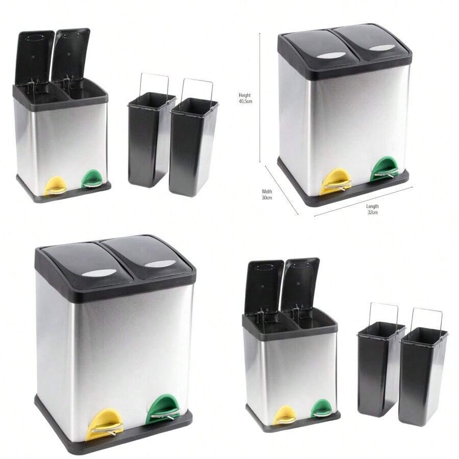 Premium Quality Indoor Kitchen Recycling Bin With Stainless Steel Construction Removable Buckets Odour Sealed Technology And Colour Coded Pedals For Home Offices And Classrooms Featuring Balanced Capacity Design - Silver - View 1