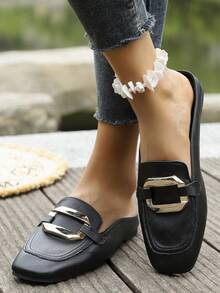 女士优雅方头穆勒鞋，包头平底一脚蹬正装鞋 - 黑色 - 查看 3