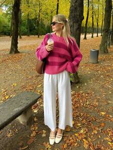 Round Neck Solid Color Contrast Striped Regular Casual Knit Pullover Top