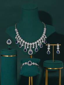 4-Piece European & American Style Bridal Jewelry Set: Blue Zirconia Necklace, Earrings, Ring, And Bracelet, Suitable For Dubai Wedding Dress, Middle Eastern Arabic Formal Gown, Valentine's Day Gift