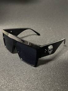 1 件男士超大号黑色复古铆钉粗框时尚眼镜，超大时尚眼镜适合夏季海滩、泳池、度假、户外，适合自拍、社交媒体 - 黑框全灰鏡片/附骷髏頭配件裝飾 - 查看 6