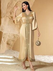 New Style Champagne Color Contrast Lace Handmade Beaded Arabic Evening Dress