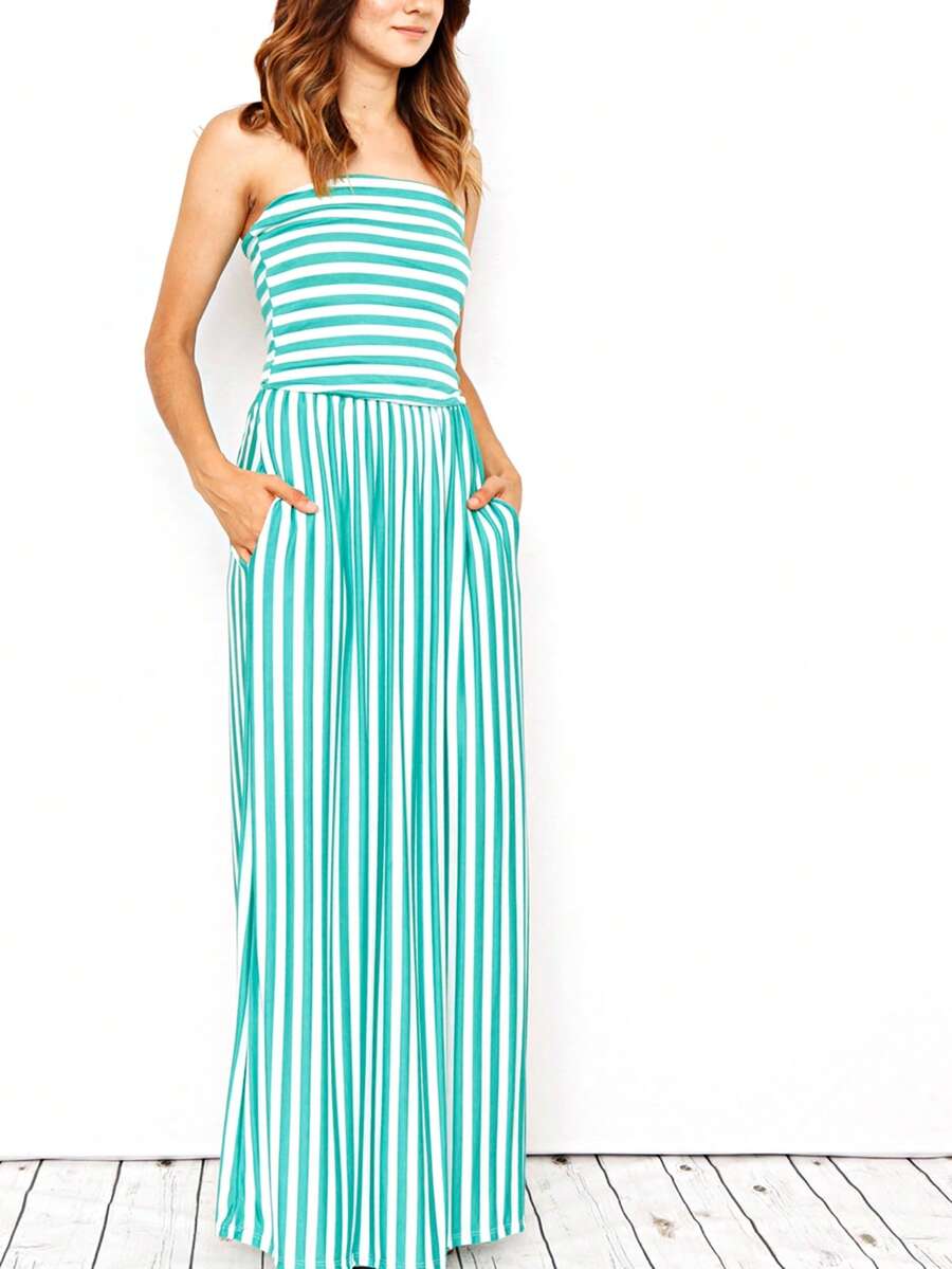 Tube Top Stripe Green Maxi Dress - 薄荷綠 - 查看 1