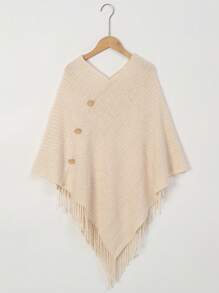 1pc Women's Solid Color Button Tassel Knit Poncho Shawl Cardigan, Warm & Stylish, Casual For Holiday And Daily Wear