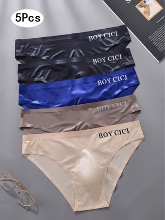 5pcs Men's Breathable And Comfortable Letter Print Sports Sexy Transparent Ice Silk Seamless Low Rise Briefs Underwear