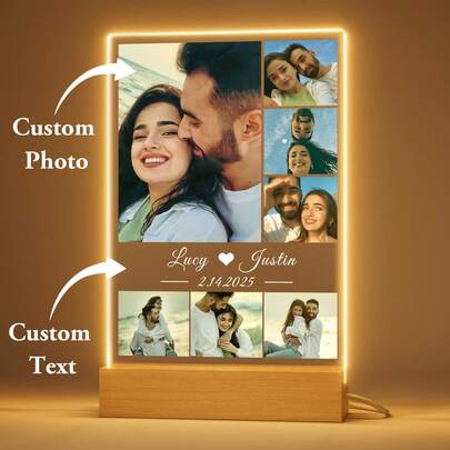 Personalized LED Couple Night Light - Printed With Photo, Name And Lover's Birthday, Suitable For Birthday, Girlfriend, Anniversary, Valentine's Day Indoor Decoration