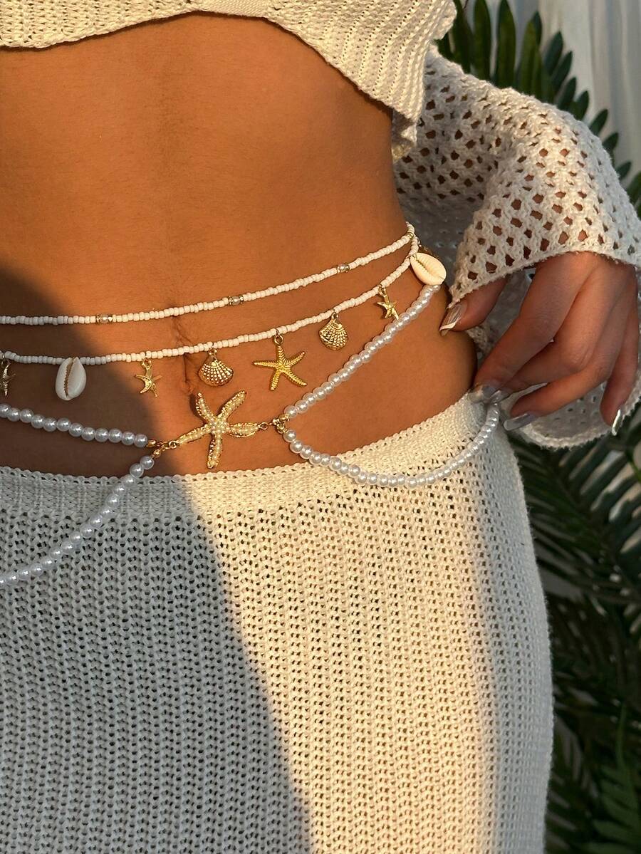 3 chiếc dây chuyền hạt nhiều lớp phong cách Bohemian, dây chuyền trang sức hình sao biển cho nữ