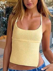 Women Solid Backless Lace Up Knitted Crochet Crop Top Sexy Y2K Tops