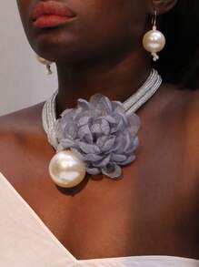 3pcs/Set Bohemian Floral Faux Pearl Necklace & Earrings Set, Elegant Taste