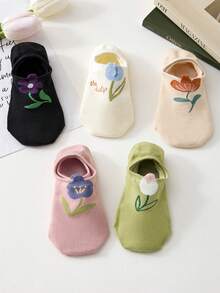 5 Pairs Of Women's Ankle Socks Comfortable Breathable Non-Slip Casual Floral Invisible Socks, Suitable For All Seasons And Home&Everyday Outfits - Multicolor - View 5