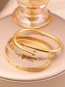 3pcs Fashion Cubic Zirconia Inlaid Stainless Steel Bracelet For Women, Suitable For Daily Wear, Mother's Day Gift, Party Anniversary Present - Diamond Style - View 5