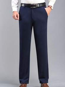 Hombres azul marino cremallera botón sección elástica slim pantalones de traje recto, pantalones slim de los hombres, de negocios micro pantalones formales casuales, ir al trabajo, de negocios, de boda, de fiesta escena completa versátil - Azul Marino - Ver 4