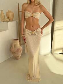 1 Set Strapless Starfish Metallic Decor Bodycon Crop Top And Skirt 2 Pieces Outfit - Khaki - View 1