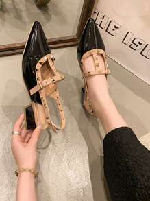 Zapatos con tacón ancho de 3,5 cm, contraste de color, estilo básico preppy, calles, punk, de piel de PU con remaches, adecuados para uso al aire libre en primavera y otoño