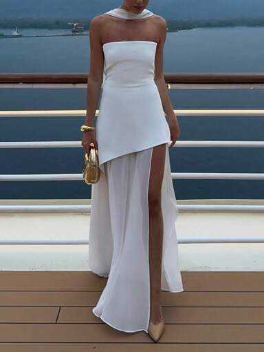 Floreya 纯色休闲优雅不对称/不对称连衣裙，适合晚间约会、节日、婚礼、生日、正式派对、舞会、单身派对、春夏季