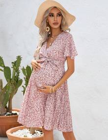 Women's Maternity Pleated Short Sleeve Wrap V Neck Summer Midi Dress Casual Nursing Dress Baby Shower Photoshoot Belt - 粉色 - 查看 7