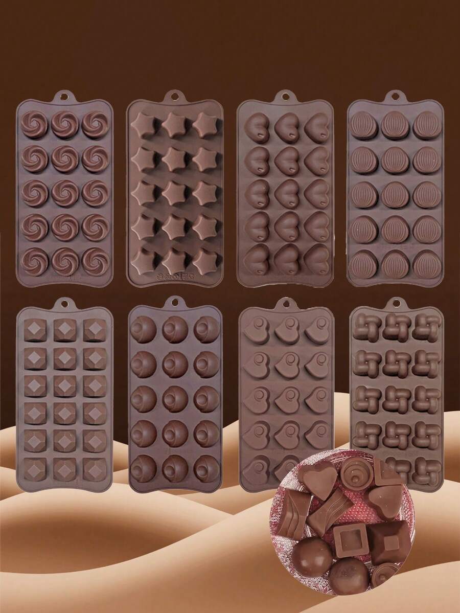各种硅胶巧克力和糖果模具 - 不粘，包括花朵、心形、郁金香、玫瑰形状，适合 DIY 烘焙和工艺品 - 棕色 - 查看 1