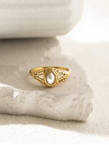1pc Vintage Simple Style Stainless Steel Pearl Ring, Elegant Accessory For Women, Suitable For Party Wear
