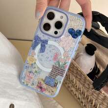 二合一磁性蓝莓水彩花卉蝴蝶结手机壳适用于 17 Pro Max/16 Pro Max/15 Pro Max/14 Pro/13，时尚女士手机壳 - 藍色 - 查看 2