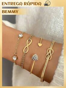 BEMMY 4 Pieces Luxury Love Shape Diamond Bracelet Set, Beautiful Alloy Open Bracelet, Suitable For Parties And Festivals - Gold - View 4