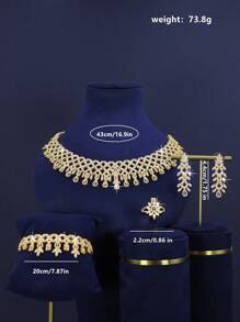 5pcs 18K Gold-Plated Luxury Royal Style Leaf & Flower Design Bridal Wedding Jewelry Set, Handset With White Cubic Zirconia, Including Necklace, Bracelet, Earrings, Ring, Suitable For Daily Wear Or Wedding, Wedding Anniversary Gift (Premium Gift Box Packaging) Complimentary