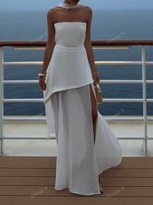 Vestido informal y elegante de unicolor asimétrico/asimétrico de Floreya, apto para citas por la noche, festivales, bodas, cumpleaños, fiestas formales, bailes de graduación, fiestas de solteros, primavera/verano
