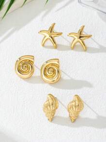3 Paar Lässig Sommer Insel-Urlaubs Stil goldene Seestern & Muschelohrringe Set, geeignet für Frauen für Strandurlaub/Alltag