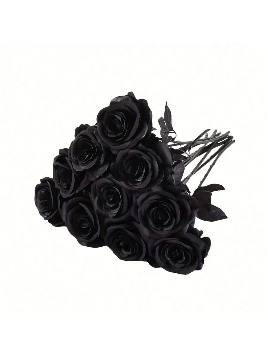 1/5 Ramos de rosas negras simuladas. En el estilo de fotografía gótico y oscuro. Para decoración de boda, decoración de habitación, decoración de fiesta como un accesorio para tomar fotos, para arreglar flores en jarrones, decoración del hogar y decoraciones del Día de San Valentín. Estas son flores artificiales muy realistas. No se incluyen los jarrones, pero se proporcionan los accesorios del ramo.