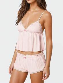 Lace Pajama Sets For Women 2 Piece Sexy Sleeveless Cami Tank Top And Shorts Pj Set Y2K Matching Lounge Sleepwear - Hồng - Xem 2