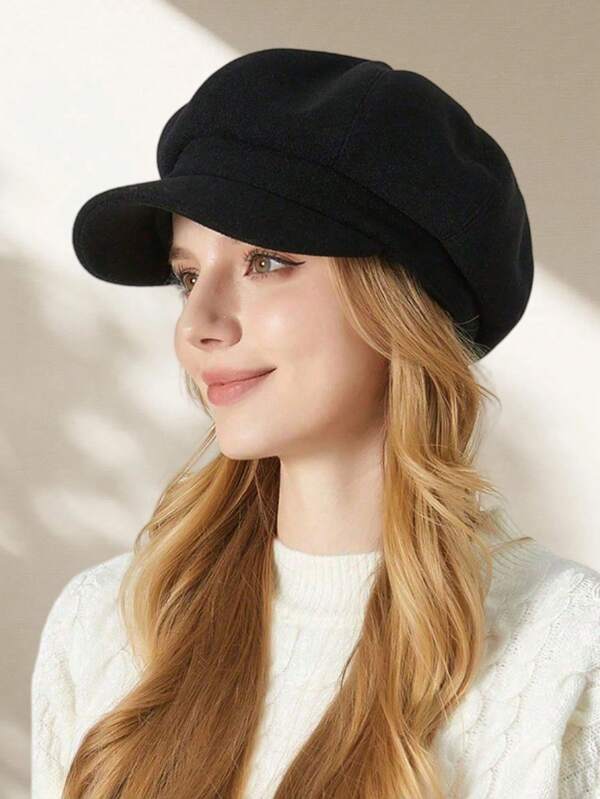 1pc Korean Style Berets, Fashionable Octagonal Cap, Women Artist Cap, New Version Solid Color, Wool Blend Brimmed Beret, British Style Newsboy Cap, Versatile For Daily Wear, Holidays, Parties, Ceremonies