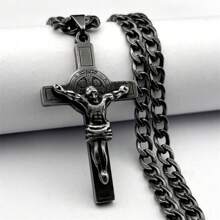 Collar de acero inoxidable con colgante de cruz de Jesús dorado/plateado con el emblema de San Benito para hombres