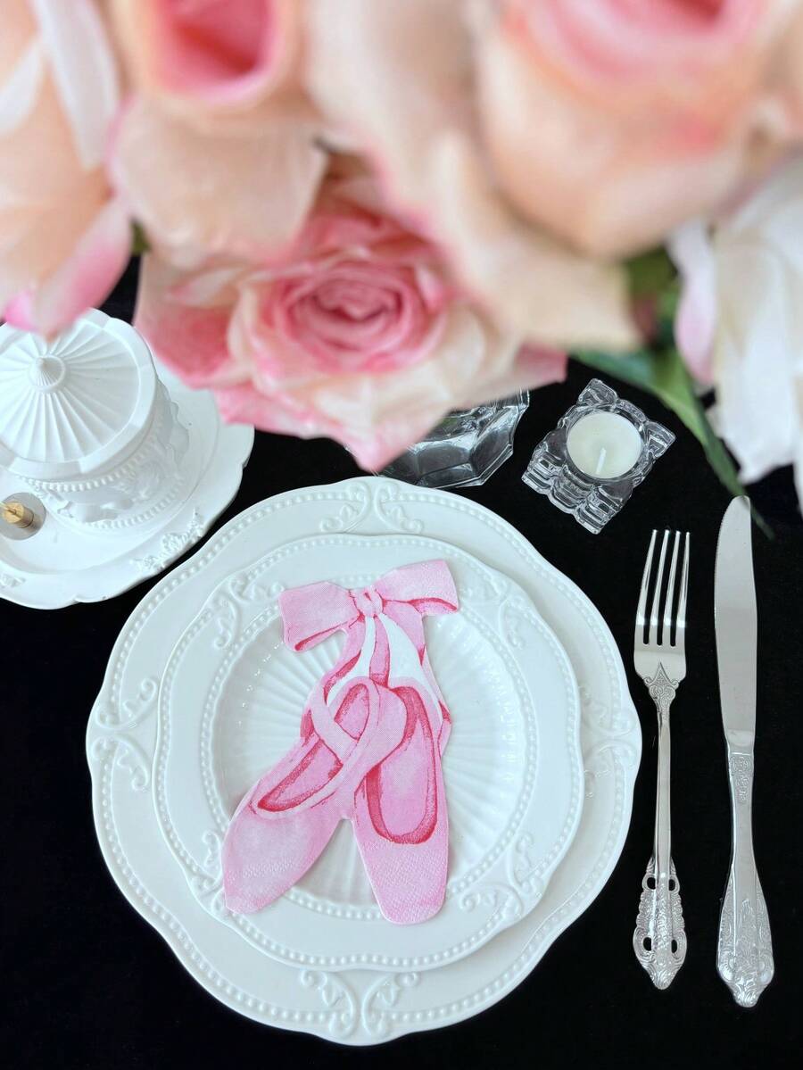 20pcs/Set Elegant Pink Ballet Shoes Shaped Napkins, Decorative Paper Towels For Wedding, Birthday, Restaurant, Dinner, Holiday, Guest Towels, Party Supplies