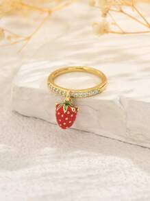 1 pieza Anillo abierto con colgante de frutas multiefecto de cobre con circonita cúbica, anillo sencillo de mujer, versátil para uso diario, trayecto, casual, regalo de vacaciones