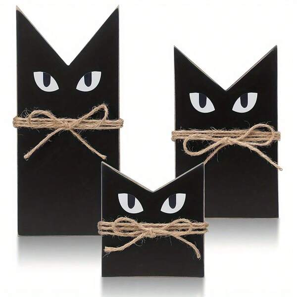 3 Stücke Landhausdekoration, vintage schwarze Holzkatze, mystisches Katzen-Thema, mehrschichtige Platte & Kamin Dekoration, Herbstdekoration, rustikaler Stil, viktorianischer Stil schwarze Katzenfiguren, Retro Party Ausstattung für Zuhause & Büro