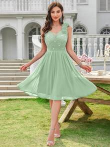MIUSOL Deep V-Neck Sequin Floral Lace Sleeveless Ruffle Hem Chiffon Cocktail Party Swing Dress - Mint Green - View 10