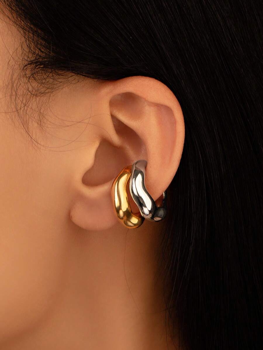 2 Pcs Golden Silver Color Metal Cuff Earrings Set For Women