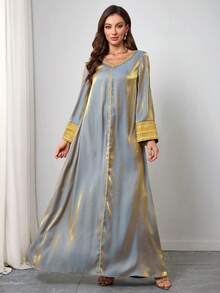 优雅高贵V领长袖连衣裙金色蕾丝吊带浪漫连衣裙蕾丝连衣裙优雅春季连衣裙，端庄 - 霧霾藍 - 查看 2