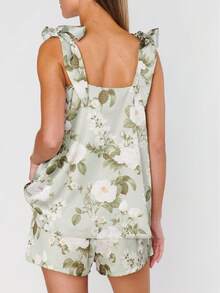 Womens Floral Pajama Sets Ruffle Trim Cami Top And Shorts 2 Piece Sleepwear Set Pjs - 綠色 - 查看 5