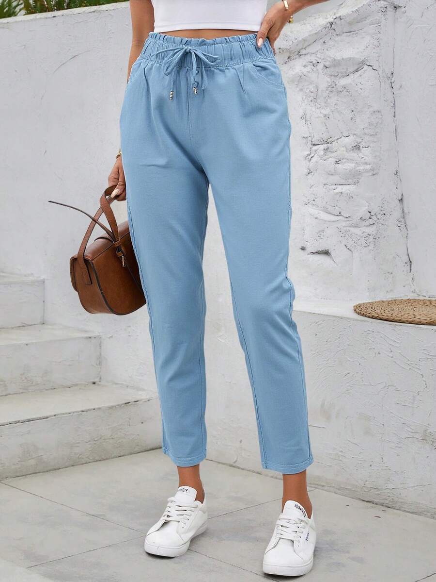 Pantalon holgado mujer botones en las bolsas con cordon recto resorte elegante - Azul - Ver 1