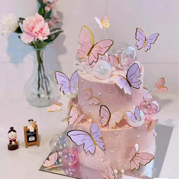 Decoração de Bolo Borboleta com Borda Dourada, Decoração de Cupcake 3D, Plugin de Bolo de Aniversário