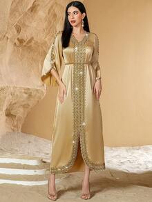 New Style Champagne Color Contrast Lace Handmade Beaded Arabic Evening Dress