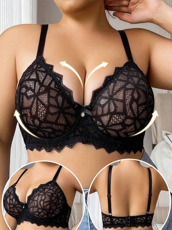 Lace Sexy Plus Size Women Bra With Butterfly & Rhinestone Design, Comfortable Wire Underwire Lift Up Back Bra
